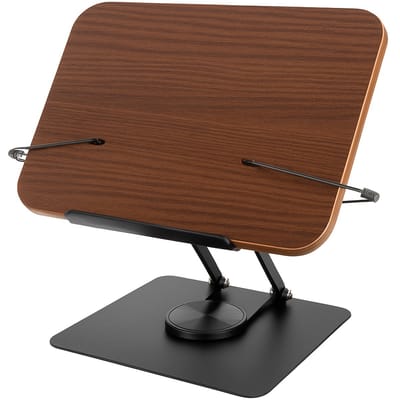 Adore Maison – Houten Boekenstandaard 23,5x18,5 cm – Verstelbare Documenthouder met 360° Draaibare Voet – Tablet & Kookboek Houder – Donker Hout & Zwart Metaal