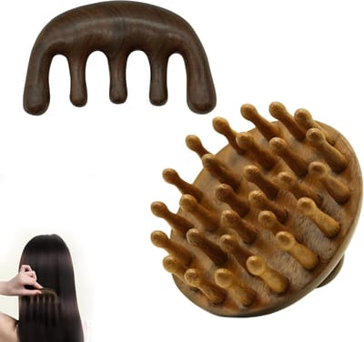 Comfortabele Scalp Massage Borstels voor Ontspanning, Haren Groeien en Stressverlichting - Set van 2 Houten Vijfvinger Kam en Ronde Kam