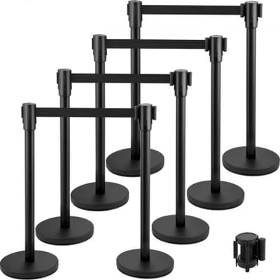 VEVOR Plastic Crowd Control Barrier, 8-delige (vier paar) intrekbare band, zwarte Crowd Control Barrier met metalen voet voor luchthavens en tentoonstellingshallen