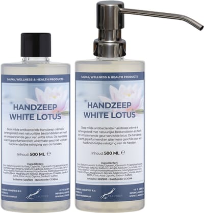 Handzeep White Lotus 500 ml - set van 2 stuks - met gratis RVS zilverkleurige pomp - Voordeelverpakking
