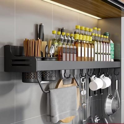 Kruidenrek voor muur, kruidenorganizer zonder boren, hangend kruidenrek, kruidenhouder, keukenrek, muur, metaal voor kastdeur, keuken, kruidenrek, 40 cm, zwart