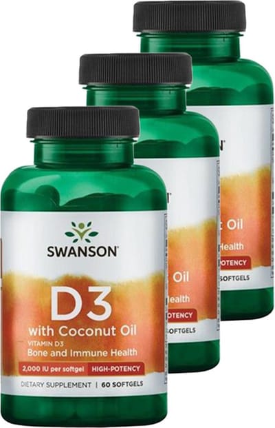 Swanson | Vitamine D3 Met Kokosolie 2000IU | 60 Softgels | 3 stuks | 3 x 60 Softgels