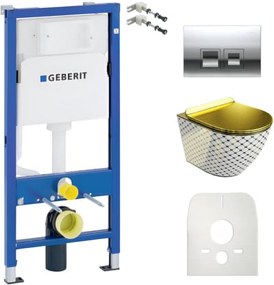 GEBERIT Duofix Basic Inbouwreservoir - LAVITA SOFI SLIM CHECKED GOLD Wit/Goud WC - DELTA 25 Chroom Drukplaat - Set