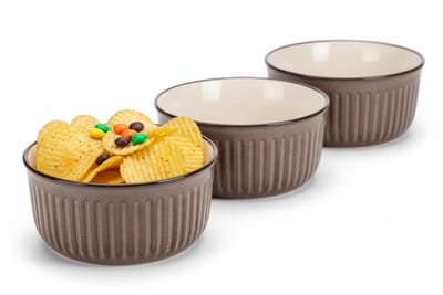 Excellent Houseware Serveer/chips schaaltje Striped - 2x - bruin - 14 x 7 cm - keramiek - kommetjes - 500 ml