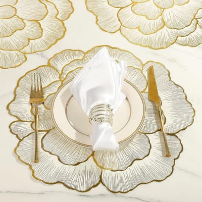 Candala - Gouden Placemats, 6-delige set, bloemig elegant PVC roestbloem placemats met gouden rand, hittebestendig, afwasbaar, antislip tafelkleed voor eettafel, keukendecoratie 38cm