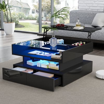 Wishdor Salontafel 80x80x45 cm van spaanplaat en gehard glas, zwart hoogglans hydraulisch verstelbaar met LED