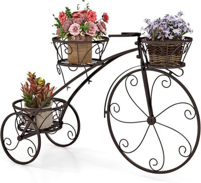 COSTWAY Metalen plantenstandaard, fietsdesign, bloemenrek met 3 manden, bloemenstandaard met decoratieve wielen, retro bloemenwiel, plantenrek, voor terras, tuin, balkon, binnenplaats (brons)