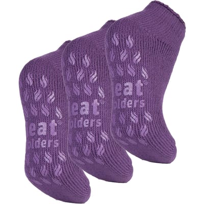 3 Paar Multiverpakking Dames Enkelpantoffelsokken | Heat Holders | Fleece laag uitgesneden pluizige damessokken met grijpers - Lila