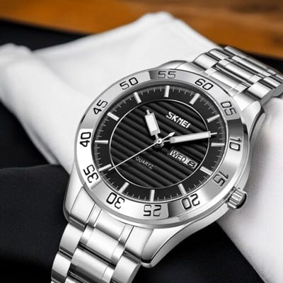 Stijlvolle SKMEI Herenhorloge Zilver met Zwart Wijzerplaat - Luxe Quartz Met Roestvrij Staal, Waterdicht Design & Gratis Elegante Leerella Horlogedoos