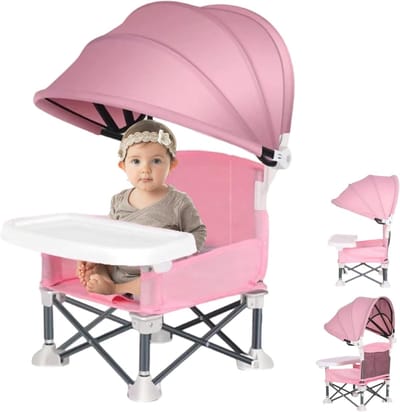 Opvouwbare babyverhoger met zonnescherm - Draagbaar en draagbaar - Binnen en buiten - Kinderstoel voor peuters - Voeding en camping-Roze