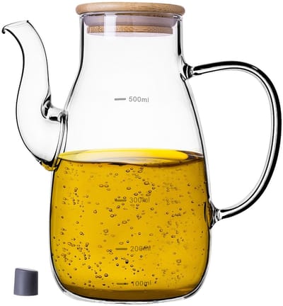 KADAX oliedispenser 500ml van borosilicaatglas, oliefles met maatverdeling, tuit deksel, glazen oliefles, glazen oliekan, fles voor olie