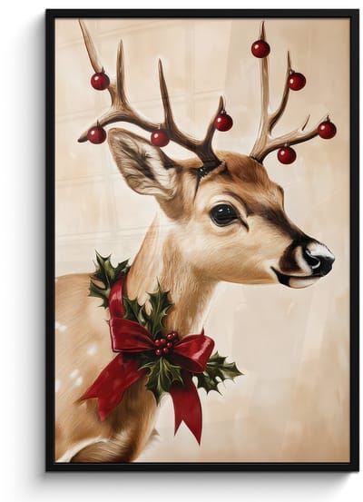 Poster in lijst - Fotolijst 80x120 cm - Posters - Gewei - Kerst - Rendier - Rood - Posterlijst zwart - Decoratie - Wanddecoratie woonkamer - Muurdecoratie slaapkamer - Kerstversiering - Kerstdecoratie voor binnen - Kerstmis