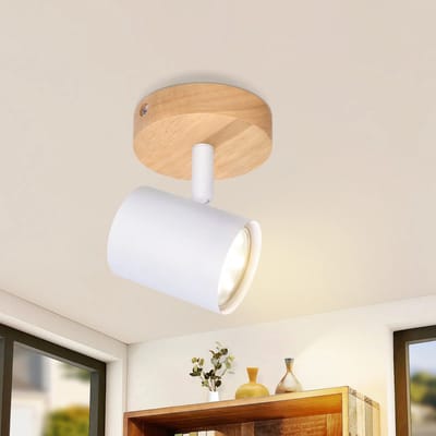 NETTLIFE Opbouwspot - Hout - wit - rond - 1-lichts - GU10 Fitting - draaibar Plafondspot - Hoogwaardig Design - Metaal - Max.40W - Vintage Plafondlamp - voor Hal | Woonkamer | Keuken - Zonder Lichtborn - L 9.2cm