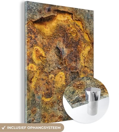 MuchoWow® Glasschilderij 120x160 cm - Schilderij acrylglas - Goud - Metaal - Roest - Grijs - Abstract - Patroon - Foto op glas - Schilderijen