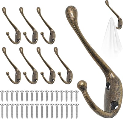 Vintage Bronzen Kledinghaken - 8 Stuks Metalen Dubbele Wandhaken Inclusief 32 Schroeven, Multifunctionele Haken voor Hoeden, Jassen en Accessoires