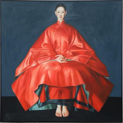 Fine Asianliving Olieverf Schilderij 100% Handgeschilderd Zwarte Omlijsting 120x120cm Chinese Vrouw Rood