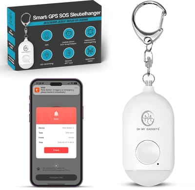 O.M.G Smart GPS Persoonlijk Alarm - Zelfverdediging Sleutelhanger - SOS Noodknop - Senioren Alarm - Vrouw/Kind Veiligheid - LED Verlichting - Bluetooth - Wit
