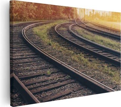 Artaza Canvas Schilderij Treinrails - 30x20 cm - Klein - Wanddecoratie Natuur - Muurdecoratie Zonsondergang - Kamer Accessoires Landschap