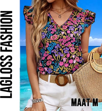 LaGloss® Elegante Dames Gebloemde Blouse met Bloemenprint en V-Hals – Zomertop – Lente/Zomer – Comfortabel – Maat M