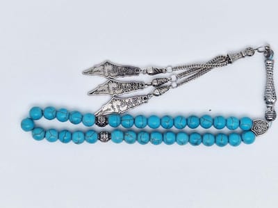 Handgemaakte tesbih klassiek - "Tasbih" natuursteen " Turkoois" - Aantal kralen 33 - Diameter kralen 8 MM - met metaal tassel "Palestina" - Een mooi cadeau-idee