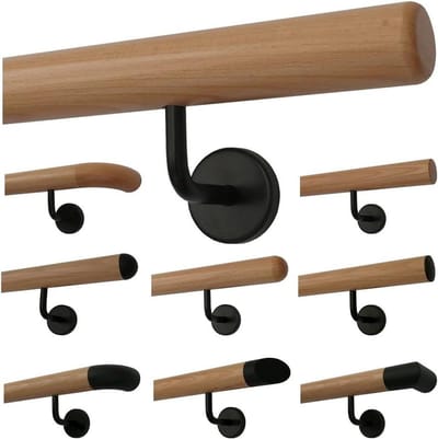 Houten Trapleuning - Gelakte Leuning Beuken Leuning - Veilig Traplopen - Schuine Wandhouders - 170 cm - Zwart