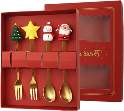 4-delige Kerst Cartoon Bestekset met Lepels en Vorken, Roestvrijstalen Kerstlepels en Vorken in Cadeaubox, Creatieve Kerstboom en Kerstman voor Tafelgerei en Feestelijke Decoratie