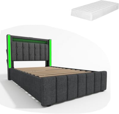 Gotagee Gestoffeerd bed USB Type C oplaadfunctie LED verlichting en 2 lades, jeugdbedden 90x200cm eenpersoonsbed opbergbedden bedframe, houten lattenbodem, grijs (met matras)