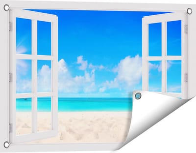 Gards Tuinposter Doorkijk Strand en Zee met Helder Witte Zand - 60x40 cm - Tuindoek - Tuindecoratie - Wanddecoratie buiten - Tuinschilderij