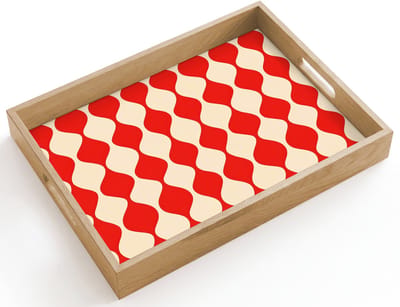 Dienblad hout 40x30 cm - Schootdienblad - Golvend patroon - Retro - Rood - Beige - Borrelplank rechthoek - Plateau dienbladen
