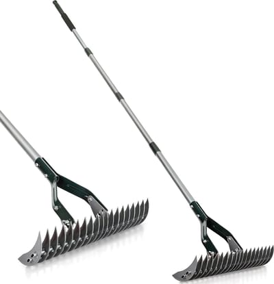 Rieten hark - Gazonhark mosverwijderaar - Gazononderhoud - 44cm brede kop - 180cm hoogte - Groen