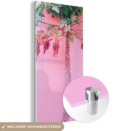 MuchoWow® Glasschilderij 20x40 cm - Schilderij acrylglas - Palmboom - Tropisch - Roze - Zomer - Foto op glas - Schilderijen
