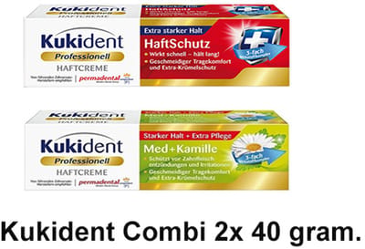 Kukident Kleefpasta 1x Extra Sterk + 1x Professional Sterk - Med+Kamille- 40 gram - Voordeelset 2 Stuks!!