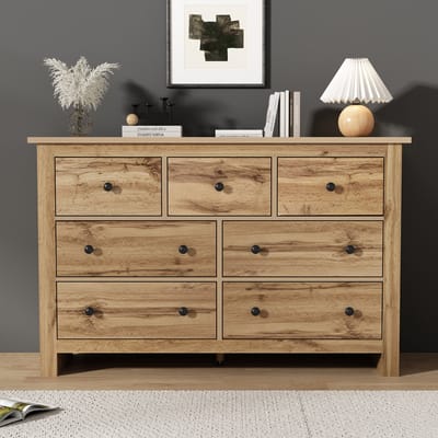 MODFU Modern dressoir in houtkleur met 7 lades, grote buffetkast met veel opbergruimte voor keuken of woonkamer
