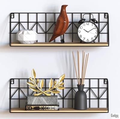 Wandrek Set van 2 - Industrieel Zwart Metaal & Hout - Zwevende Boekenplanken 45 x 12 x 15 cm
