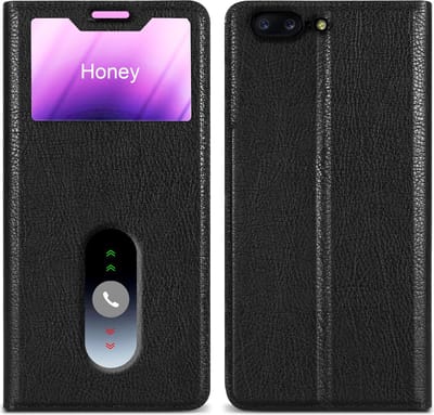 Cadorabo Hoesje geschikt voor OnePlus 5 in KOMEET ZWART - Beschermhoes met magnetische sluiting, standfunctie en 2 kijkvensters Book Case Cover Etui