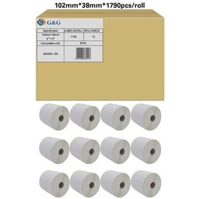 Etiketten G&G, compatibel met Zebra 800264-155, 102 x 38 mm, zelfklevend, gecoat, geperforeerd, thermisch papier, wit, 12 x 1790 stuks
