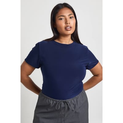 boohoo Dames Plus Dubbele Laag Slinky Aansluitende Bodysuit | Marineblauw | Maat: 46