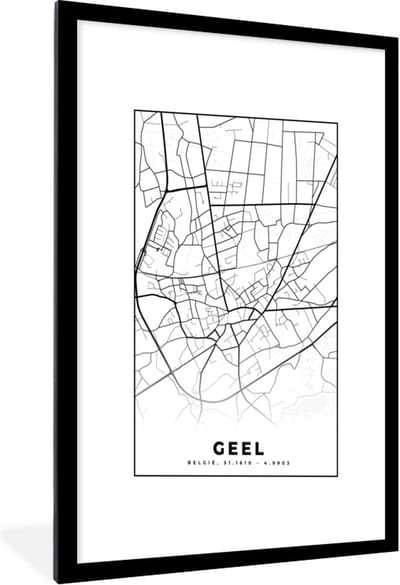 Fotolijst incl. Poster Zwart Wit- België – Geel – Stadskaart – Kaart – Zwart Wit – Plattegrond - 60x90 cm - Posterlijst