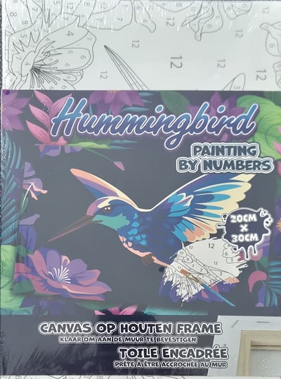 Schilderen op nummer - kolibrie - Canvas op houten frame 20x30 cm met penselen en 12 kleuren verf - Hummingbird