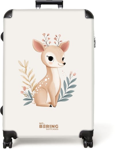 NoBoringSuitcases.com® - Koffer groot - Reiskoffer lichtgewicht - Hertje omringd door planten in beige tinten - Rolkoffer met 4 wielen - Grote trolley XL - 98 liter bagage