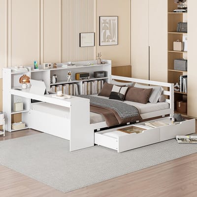 Komhtom Kinderbed Gecombineerd bed Sofabed in massief hout 140x200 cm met bureau, planken, opbergvakken en planken met 2 grote opbergkasten wit