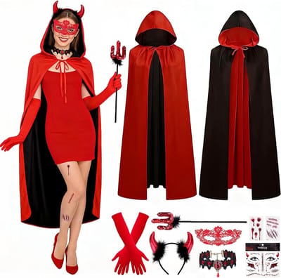Vrouwelijk Carnaval Kostuum met 9 Onderdelen, Sexy Cape, Handschoenen, Hoofdband, Duivelsmasker en Accessoires voor Feest, Halloween en Carnaval