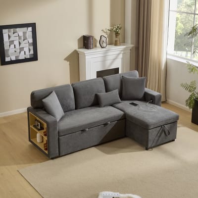 Wishdor - Hoekslaapbank - Verwisselbare Ottomaan En Uitschuifbed - Modern - Woonkamer - Oxfordstof - Donkergrijs - 214 x 131 x 87 cm