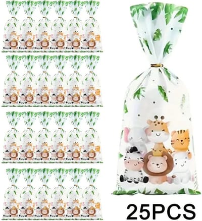 DW4Trading Cellofaan Uitdeelzakken met Schattige Dieren 25 Stuks Gouden Sluitclips - Geschikt Voor Snoep, Traktatie, Popcorn - 27x12,5 cm