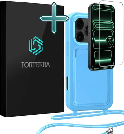 Hoesje Geschikt voor iPhone 17 Pro Max Pashouder Case Siliconen Hoes Met Koord Met Screenprotector - Hoes Geschikt voor iPhone 17 Pro Max Met Telefoonkoord Hoesje Back Cover Met Pasjeshouder - Lichtblauw