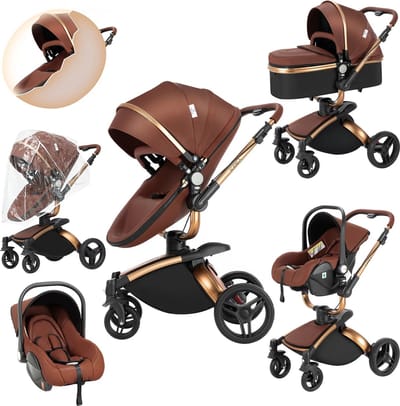 Seastone - Luxe Kinderwagen - 3 in 1 - Wandelwagen - Autostoeltje - Buggy reiswieg - Inklapbaar - 0-36 maanden - Bruin