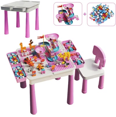 Kindertafel Met 1 Stoel + 4 Bakjes + 410 Bouwstenen - 2-in-1 Bouwtafel & Leertafel - Speeltafel Geschikt voor Lego® & Duplo® blokken - Blokken Tafel Kinderen - zandtafel - watertafel - Ideaal Cadeau voor Kerst & Verjaardagen ‌Roze