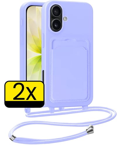 Hoesje Geschikt voor iPhone 17 Telefoonhoesje Met Koord Case Pashouder Siliconen - Hoes Geschikt voor iPhone 17 Hoesje Met Kaarthouder - Lila - 2 Stuks