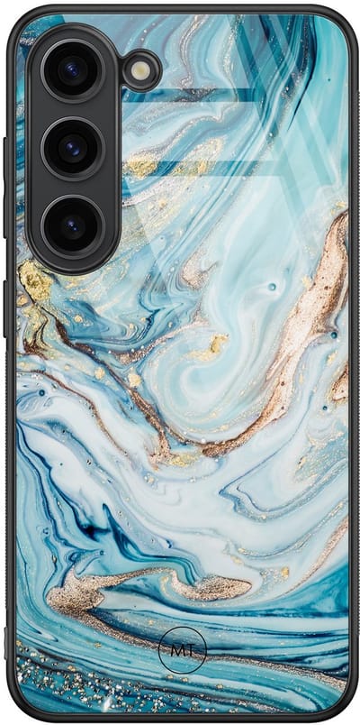 Hoesje geschikt voor Samsung Galaxy S23 - Marmer blauw goud - Hard Case Zwart Back Cover - Marmer - Blauw, Goud - Mooie Telefoonhoesjes