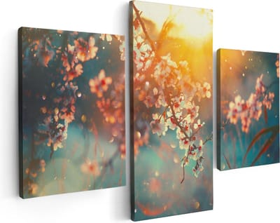 Artaza Canvas Schilderij Drieluik Bloesemboom Tijdens Zonsondergang - Bloem - 90x60 cm - Wanddecoratie Woonkamer - Schilderijen - Muurdecoratie